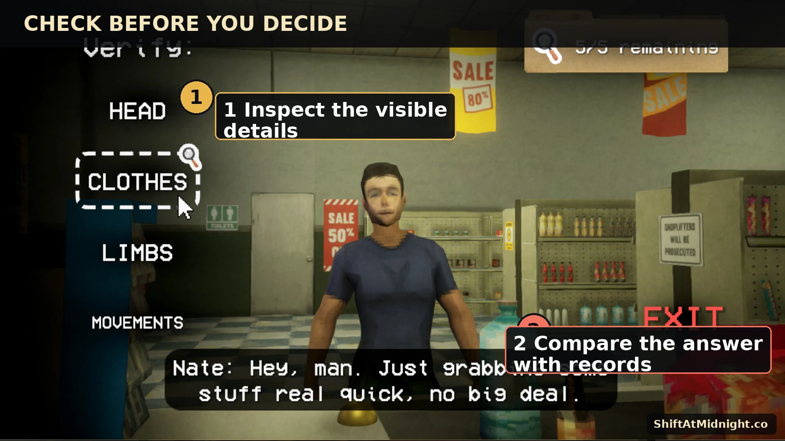 Annotated customer inspection screen showing where to compare details.