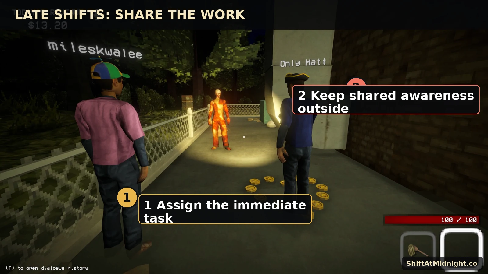 Annotated co-op scene with two players watching an outside figure.