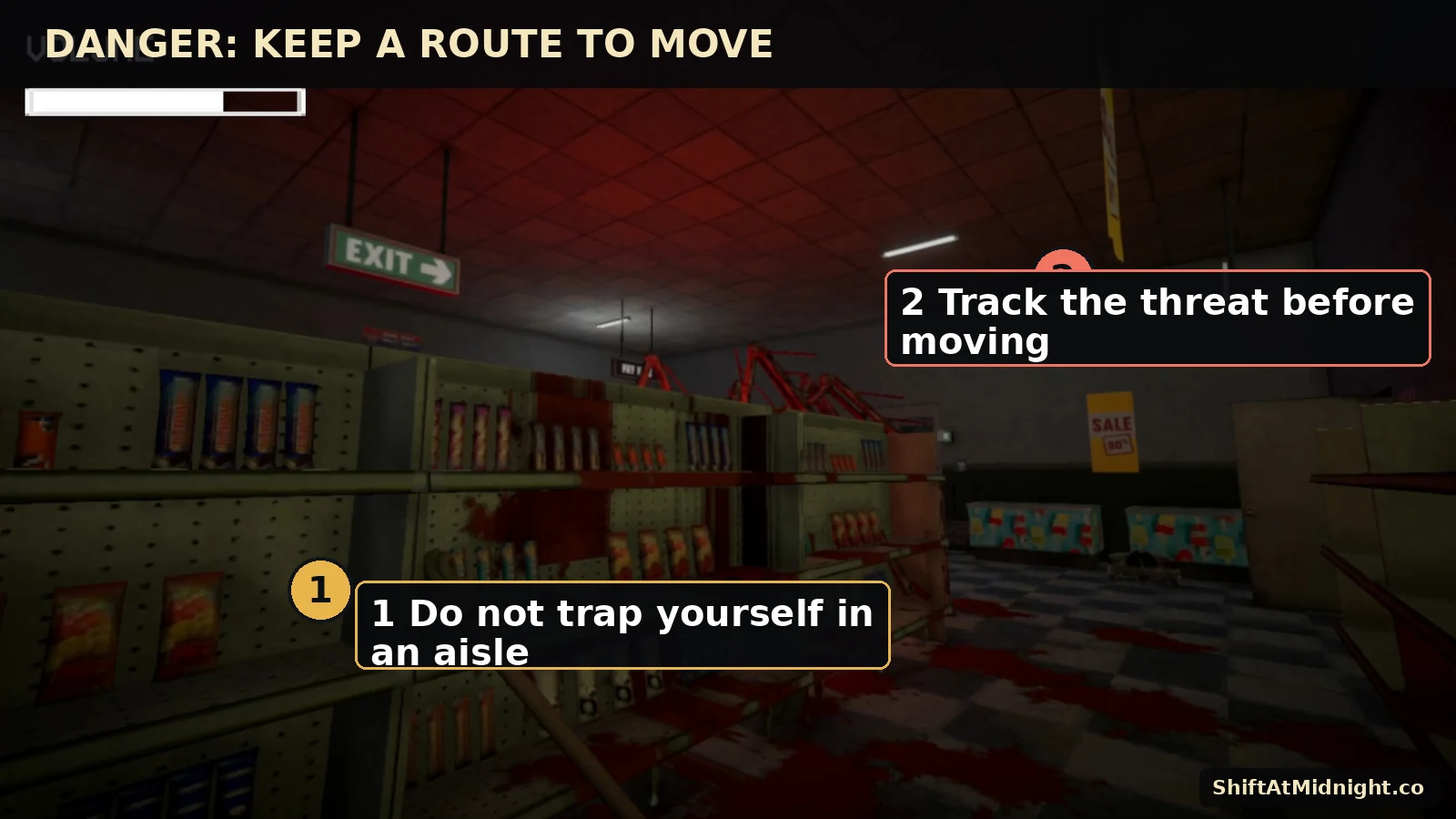 Annotated red-lit store aisle showing a visible threat and movement lane.
